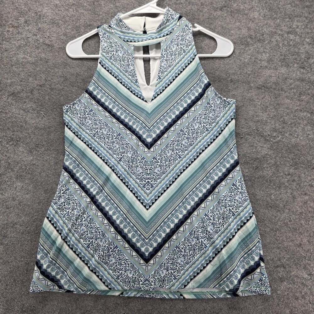 White House Black Market Blouse Womens XS Blue Chevron High Neck Keyhole Lined